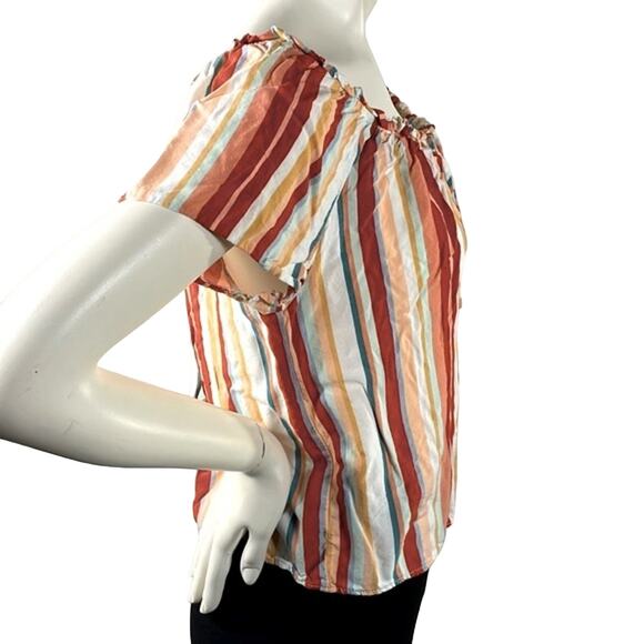 Pink Republic Juniors'  Ruched Neck Rust Ivory Blue Multi Color Strips Top Large - Picture 7 of 14